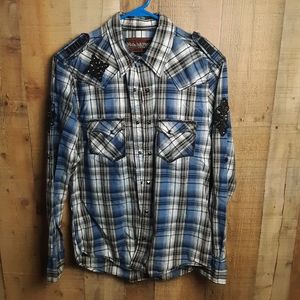 Rock N Roll Cowboy Men's Sz M Stud Button Shirt Long Sleeve Cross Blue Plaid